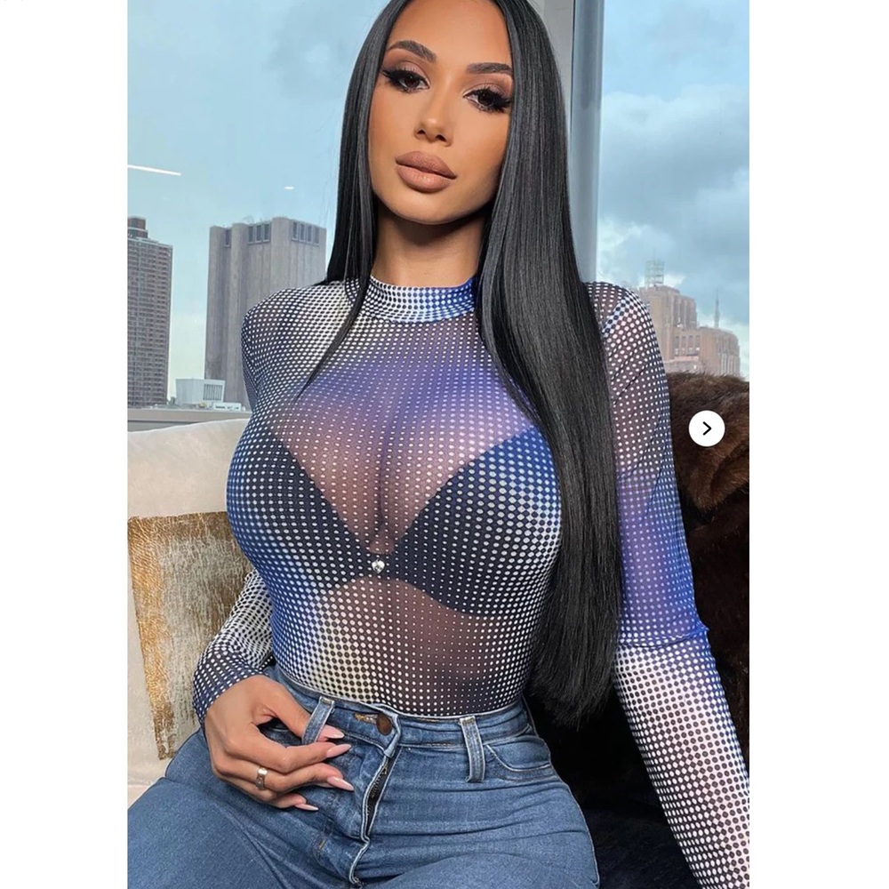 Fashion Nova Blue and White Mesh Bodysuit